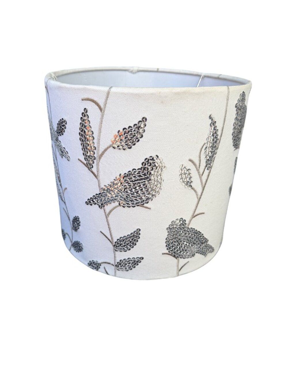 Embroidered Ivory Lamp Shade With Bird & Floral Design Sequin Accents Tapered Dr